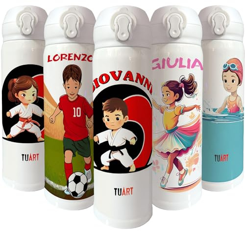 TUART Borraccia Termica Personalizzata con vari sport e nome, Acciaio Inox, Design Arti Marziali, danza, nuoto, basket Tappo con Pulsante a Scatto, Beccuccio Dosatore,450ml