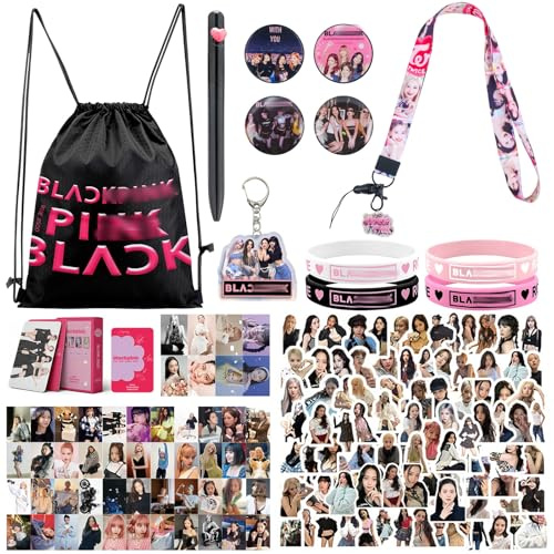 yumcute Kpop Fan Gift Set Bundle with Drawstring Backpack, Keychains, Silicone Bracelets, Phone Stands, Stickers, Lanyard, Badges, Collectible Card Box and Pen