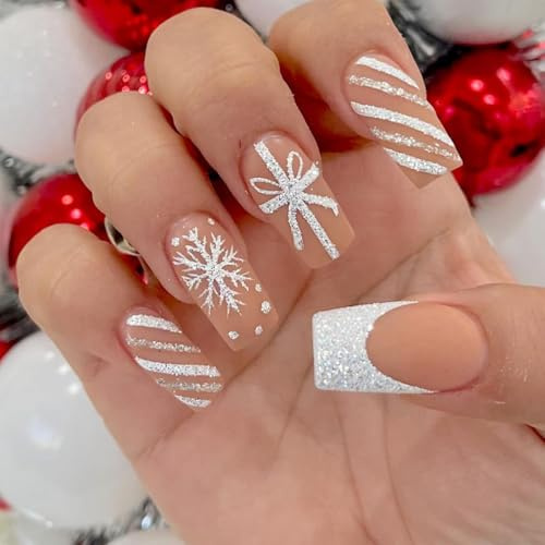 Viugex 24Pcs Christmas Press on Nails, French Medium Long Coffin False Nails, Nude White Fake Nail with Ribbon & Stripe Design, Reusable Elegant Acrylic Full Cover Soft Gel Stick on Nails for Women