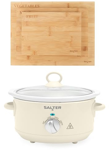 Salter Retro 3.5L Slow Cooker & Bamboo Chopping Board Set – 200W Cream Electric Cooker with 3 Heat Settings & Tempered Glass Lid, 3-Piece Cutting Boards for Meat, Fruit & Vegetables