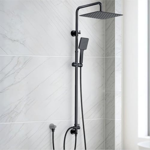 SunCleanse Regendusche ohne Armatur, Eckiger Duschkopf aus Edelstahl 30x30 cm, höhenverstellbar Duschstange von 75-110cm, Mit Hochdruck Handbrause, Duschsystem mit Messing-Umschaltventil, Schwarz
