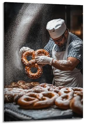 XYSXYCP Stampa artistica da parete con animali, tasso, panettieri, pasticceri a strisce ricoperti di farina mentre tirano pretzel giganti della famiglia moderna, decorazione per soggiorno 50 x 75 cm