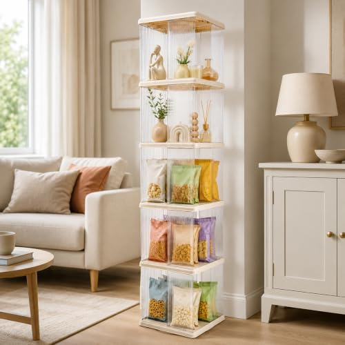 GreenWhim 360° Rotating Display Cabinet, Transparent Display Shelf, 5 Tier Storage Tower, Space Saving Organiser for Kitchen, Living Room, Bedroom and Home Office