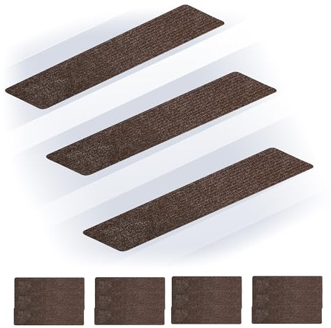 Relaxdays Stufenmatten 16er Set, rechteckige Treppenstufenmatten, 75 x 20 cm, selbsthaftende Treppenteppiche, braun