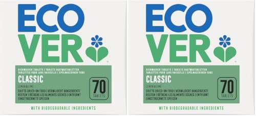 Ecover Classic Dishwasher Tablets, Contains Salt & Rinse Aid, Powerful Cleaning, Lemon & Lime Scent, Pack of 2, 70 Tablets