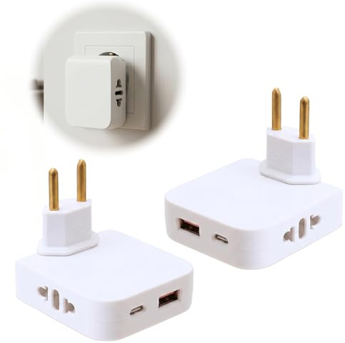 Enchufe USB C, Ladron enchufes Plano 2 Piezas, 2 Tomas + 2 Puertos Carga | Cabezal Giratorio 180°, USB C/USB, Diseño Extraplano, Para Detrás de Muebles