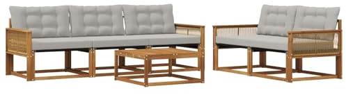 vidaXL Outdoor-Sofagarnitur mit Kissen 6 pcs Natürlich und Hellgrau, Garten-Sofa, modernes Ecksofa, Robustes Loungemöbel, stilvolle Terrasse, Bequeme Sitzgruppe