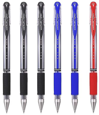 uni-ball UM-151S Signo Gel Grip Rollerball Pen - 0.7mm - 3 x Black, 2 x Blue, 1 x Red - Pack of 6