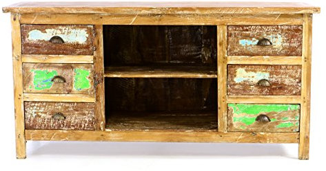 Divero Vintage TV Schrank Kommode Sideboard Phonomöbel – Shabby Chic Möbel Unikate aus Recycling-Holz Bootsholz – bunt 150 x 44 x 75 cm