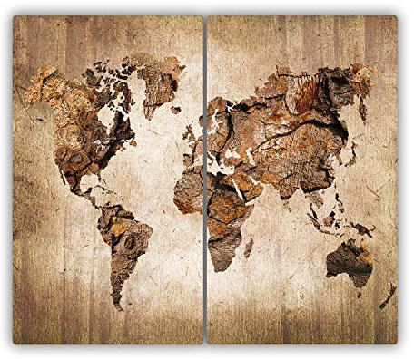 Tabla de Cortar Vidrio 2x30x52 cm Higienicas para Encimera de Cocina Placa de Corte 2 Unidades Patas de Silicona Fina de Vidrio Templado Resistente Decorativa - Mapa del mundo de madera