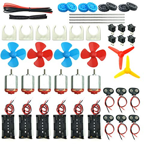 EUDAX 6 Set DC Motors Kit, Mini Electric Hobby Motor 3V -12V 25000 RPM Strong Magnetic with Shaft Propeller, 2 x AA Battery Holder,9V Battery Clip Connector,Plastic Wheels for DIY Science Projects