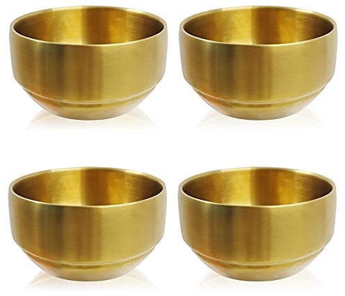 4Pack Thick 304 Stainless Steel Bowls, Small Double Wall Rice Bowl, Stainless Steel Soup Bowl, Metal Bowls for Salad Fruit Cereal Noodle (Gold, 10.5cm)