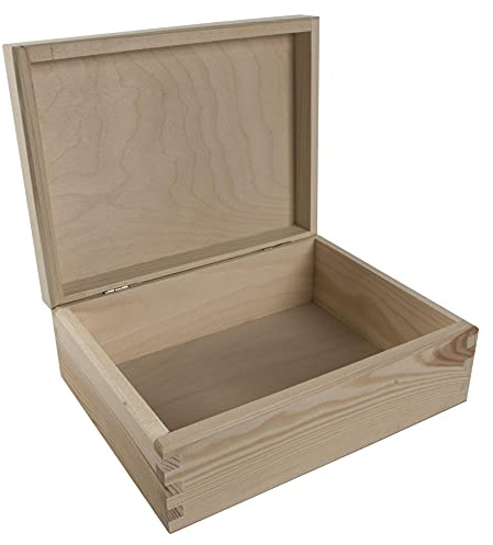 WooDeeDoo Rectangular Wooden Storage Box with Hinged Lid – 21.5 x 16.5 x 8 cm – Unfinished Pine Gift Chest for Crafts Stationery Letters Trinkets Memory Keepsakes DIY Decoupage