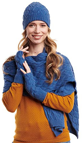 Hilltop Winterset Damen, Kombi Set aus Schal, Mütze und Handwärmer, 100% Angora, Winter Set:Blau