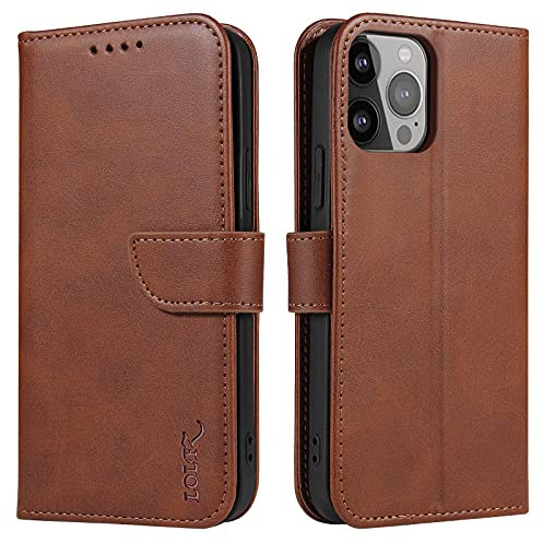 LOLFZ Wallet Case for iPhone 13 Pro Max, Vintage Leather Book Case with Card Holder Kickstand Magnetic Closure Flip Case Cover for iPhone 13 Pro Max - Coffee Brown