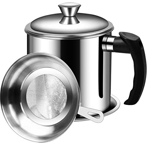 Pinsheng Filtro Cocina, Recipiente de Grasa con Colador Graseras de Carne y Pescado Acero Inoxidable para Almacenar Aceite Usado para Freir y Grasa para Cocinar 1.3L