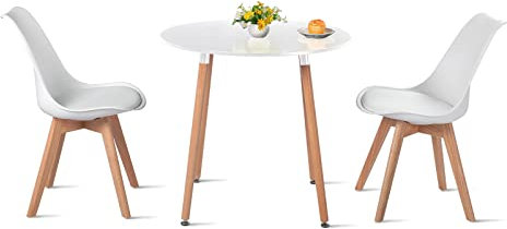 H.J WeDoo Esstisch Rund mit 2 Eiche Stühlen Küchentisch Wohnzimmertisch Holztisch Tisch Set für Wohnzimmer Küche Büro Weiß