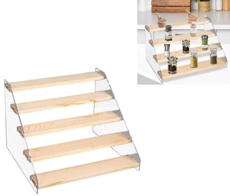 BestAlice Wood Display Stand, 4 Tier Clear Acrylic Display Shelf Riser Organizer Spice Rack Organizer, Multifunctional Wooden Tiered Display Shelf, 30cm