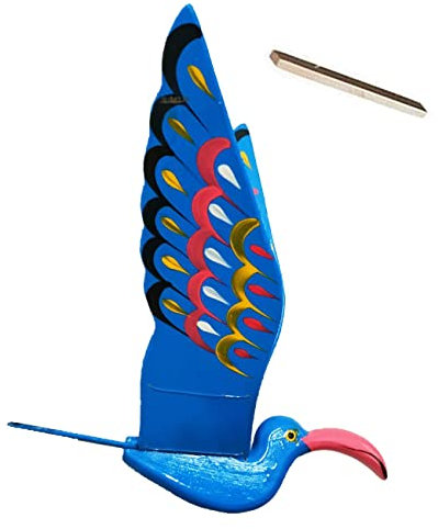 Blauer Vogel mit langem Schnabel aus Holz zum Aufhängen, handgefertigt, bemalt, Holz, fliegende Windspiele, handgefertigt, Veranda-Dekoration, Garten