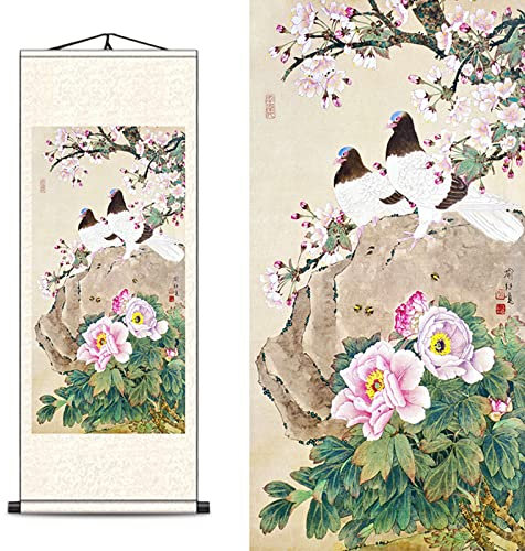 FOVNOT Asiatische deko, Asiatische Pfingstrose Blumen Chinesische Deko Schriftrolle Zum Beschreibenwanddeko Schön Wand Deko Wanddeko Schlafzimmer Wall Decoration Wohnzimmer Wandbehang Deko