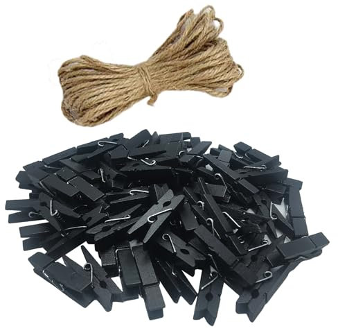 Mippein 100 pinzas resistentes de madera negras para ropa seca en tendedero, clips de bolsa, manualidades, fotos, hogar, escuela, manualidades, manualidades