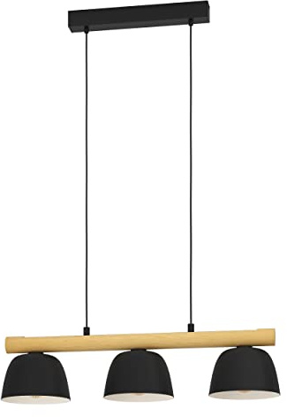 Eglo Pendant Lighting Sherburn, Ceiling Light Fitting with 3 Shades | FSC100HB, hanging lamp for dining and living room, black metal and natural wood, E27 socket