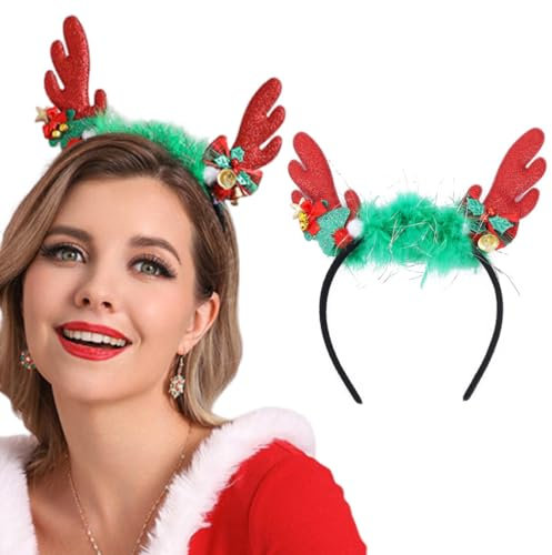 Reaky Weihnachts-Hirsch-Stirnband, Geweih, Haarteil, Glocken, Weihnachtsbäume, dekorative Kopfbedeckungen, Neujahr, Kopfbedeckung, Haarschmuck für Frauen und Mädchen, 1 Stück