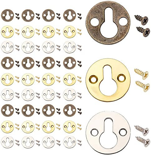 Qegtnk 60 Sets Round Keyhole Shelf Brackets Hangers Flat Round Keyhole Hangers Picture Frame Hanging Plate for 3 Colors Metal Artworks Picture Wall Decorations Hanging