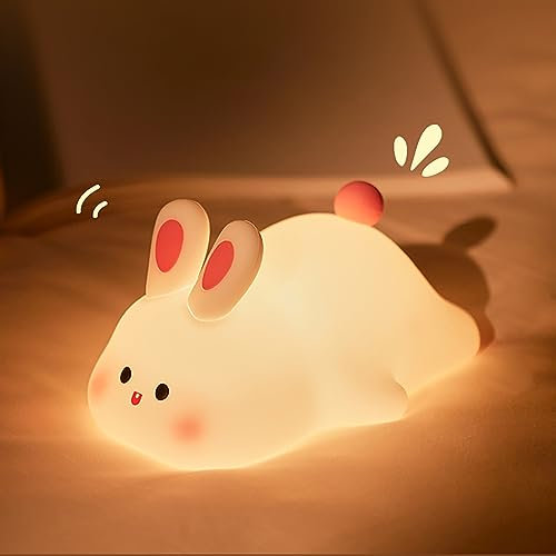 XRR Veilleuse Bébé, Veilleuse Enfant Silicone Tactile Kawaii Lapin Veilleuse LED Rechargeable avec Fonction Minuterie Deco Chambre Lampe Chevet Idee Cadeau Garçon fille