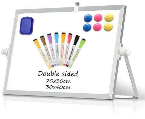 DOLLAR BOSS Magnetic Desktop Whiteboard 20x30cm Double Sided Dry Erase Small White Board with Stand, A4 Mini Whiteboard 8 Pens, 1 Eraser, for Kids Students School, Home, Office