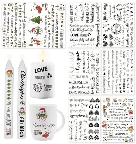 Kerzentattoos Weihnachten Wassertransferdruck, 7 Stück Kerzen Tattoo Folie Wasserschiebefolie Kerzen Dekorieren, Kerzenaufkleber Sticker, Kerzensticker Sprüche zum Verschenken,für Kerzen/Keramik (A)