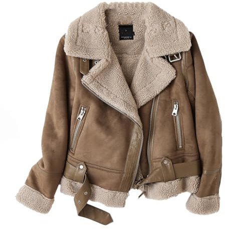 Abrigo corto de piel sintética para mujer, color marrón, invierno, chaqueta integrada vintage, con cremallera y solapa, manga larga