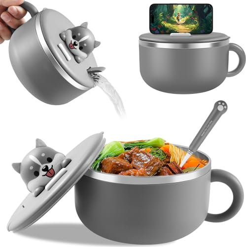 Fyeme Instant-Nudeln Schüssel Instant Nudelschüssel Edelstahl 1200ml Instant-Ramen-Schüssel mit deckel und Gabel Ramen Bowl Wärmeisolierung Siegel fur Suppe Nudeln Knödel Salate (grau)