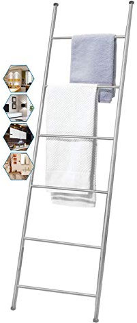 Towel rackInstillwhite Inclined Ladder Rack, 6 Layer Metal Towel Ladder, Wall Mounted Drying Rack, Rustproof, Waterproof and Space Saving, No Drilling