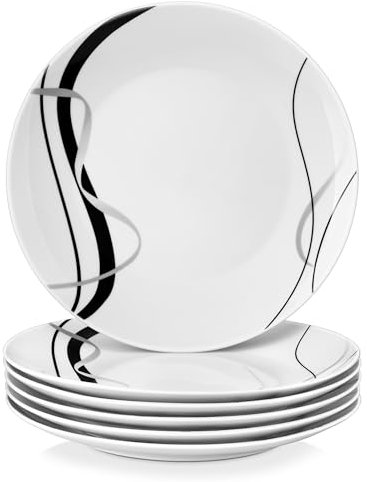 VEWEET Juego de 6 Platos Llanos, Platos de Porcelana 27,4 x 3 cm, Platos Redondos para 6 Personas Platos Modernos de Pasta con Líneas Negras y Plateadas, Aptos para Microondas y Lavavajillas, FIONA