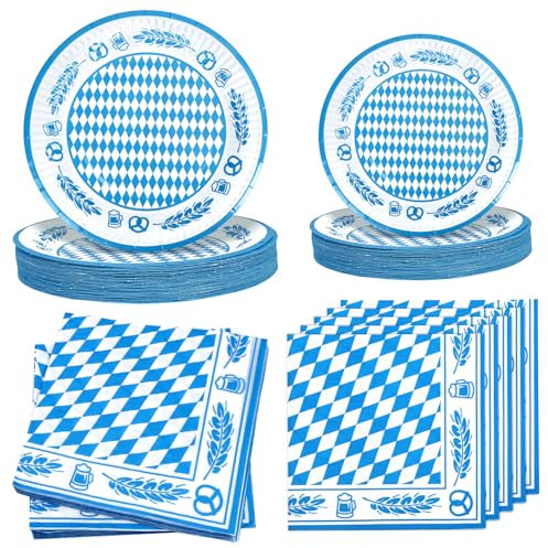 LOHAME 80 Stk Oktoberfest Geschirr Set Bayern Servietten Papptellern Tischdeko Bayerisch Blau Weiß Papierservietten Teller Bayerische Partygeschirr für Oktoberfest Wiesn Party Grillparty Bierzelten