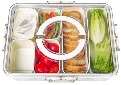 Bandesun Divided Serving Tray with Lid and Handle - Clear Organizer for Candy, Fruits, Nuts, Snacks - Snackle Box Charcuterie Container for Portable Snack Platters - Perfect for Party, Entertaining