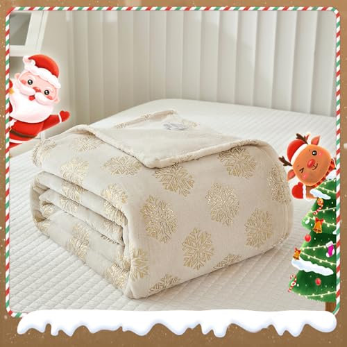 WONGS BEDDING Kuscheldecke Weihnachten 150x200cm Beige Sherpa Decke Flauschig Weihnachts, Wohndecke Rentier Schneeflocken WarmDecke Wohndecke Blanket für Mädchen Sofa Bett Büro