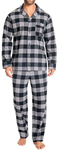 Nutria U06AB Pyjama pour homme en flanelle 100 % coton doux et chaud, Gris et noir à carreaux, M