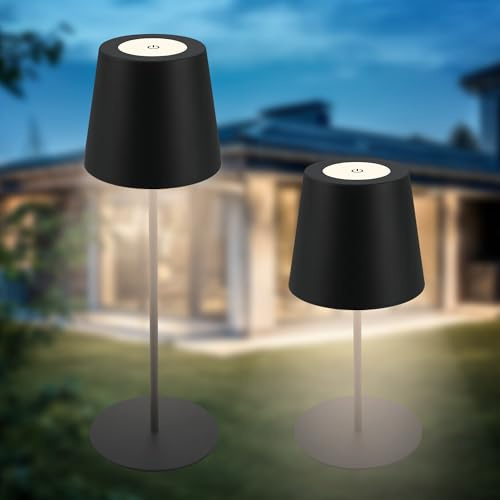 B.K.Licht - LED Tischlampe kabellos IP44 mit Touch, dimmbar in Stufen, Akku & Lichtquelle tauschbar, Nachttischlampe, Leselampe, LED Lampe, Campinglampe, Tischleuchte, Outdoor, 36x10,5 cm, Schwarz