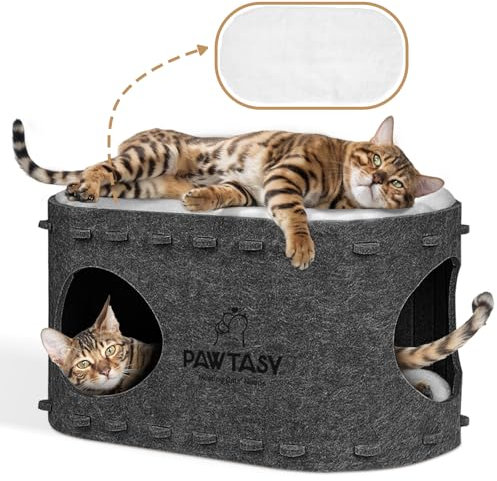 Pawtasy Katzenhöhle Filz Katzenbett Höhle Katzenhaus für Indoor Katzen Höhle mit 2 Weiche und abnehmbar Kissen Winterfest, Schutz der Katzennägel, 58T x 33B x 30H cm, Dunkelgrau
