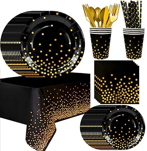 Vajilla de Fiesta Negra y Dorada,193pcs Juegos de Negro y Dorado Vajilla de Fiesta Incluir Platos Fiesta Oro Negro Vasos Servilletas Mantel etc Vajilla de Cumpleaños Negra y Dorada