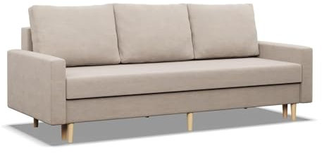 Mebligo - Sofa mit Schlaffunktion und Bettkasten Blank, 3 Sitzer Sofa 212 cm Breit, Schlafsofa, Ausziehbares Couch auf Holzfüßen,Schlafcouch - Beige