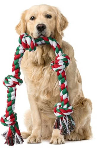 Aitmexcn Christmas Dog Rope Toys for Large Medium Dog Chewers, Dogs Rope Indestructible Dog Chew Toys, 37 Inch 5 Knots Tough Dog Tug Toy for Teeth Cleaning, Tug of War