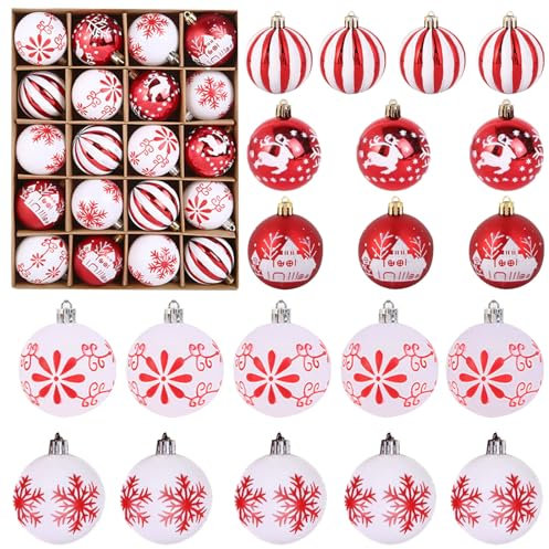 MHwan Weihnachtskugeln, 20 Stück Wunderschön Bemalte Weihnachtskugeln Kunststoff, Bruchsicher und Langlebig, Funkelnder Weihnachtsbaumschmuck, 6cm, Rote und Weiße Christbaumkugeln