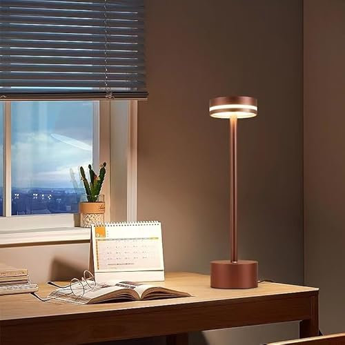 BRAVECOW Rechargeable Cordless Table Lamp Portable USB Desk Light 3 Color Modes Dimmable, Metal Lamp Touch Switch Home Reading Living Room Indoor Outdoor,Rose Gold