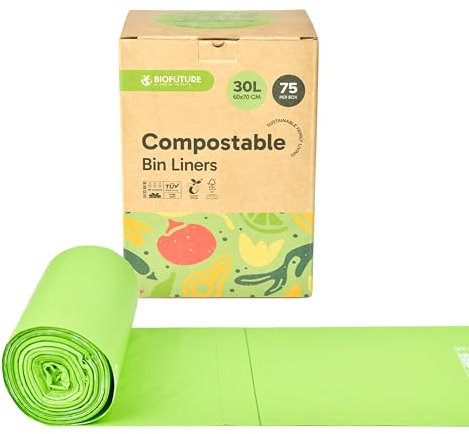 Biofuture 30L Biodegradable Bin Liners | Compostable Food Waste & Food Caddy Bags | EN13432 Certified Green Bin Bags for Food Waste & Recycling (75 Liners, 30L)