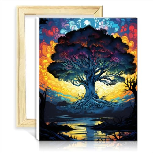 LiHEQING Peinture sur toile peinture couleur ciel étoilé arbre sur toile peinture adultes débutant maison Art déco artisanat sans cadre (60x75 cm)