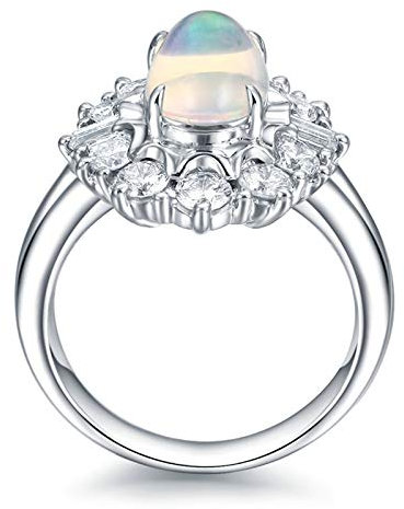 KnSam Echter Goldschmuck Damen Ringe aus 18K Weißgold, Oval Opal Form mit 1.18ct Weiß Opal Solitärring Bandringe Verlobungsringe Weiß Gold Gr.57 (18.1)