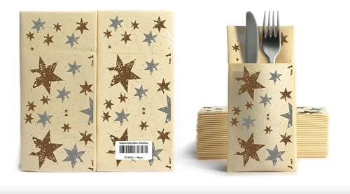 AROBA 50x Airlaid Besteckservietten (Champagner mit Sterne, 39x40 cm) - Serviettentaschen - Fertig gefaltete Bestecktaschen - Wintermotiv - Advent - Silvester - Weihnachten